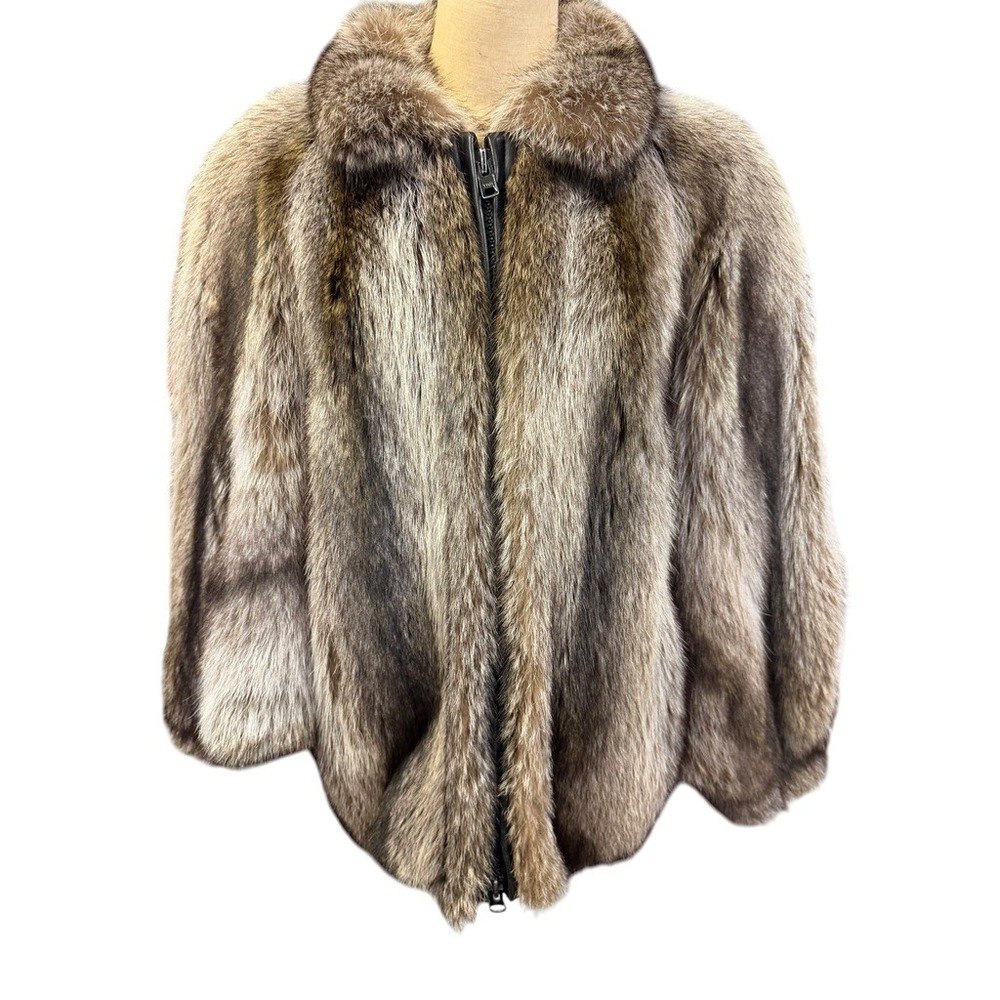 "Dittrich Furs" Real Fur Coat Cropped Batwing Zip Up Brown Grey Silver Fox NO SZ